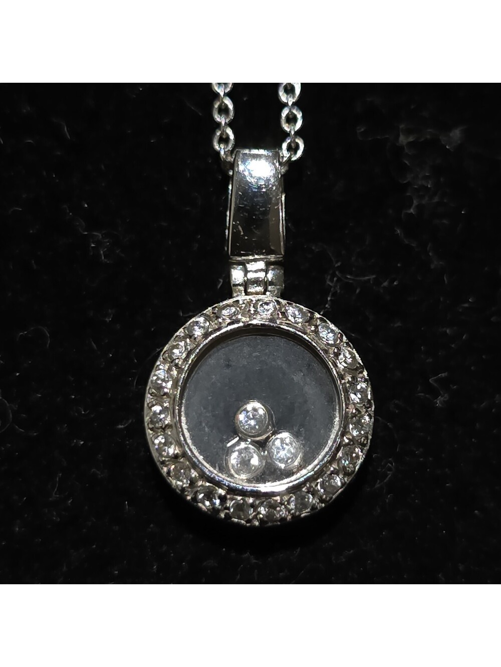 Vintage 14K italy White Gold Happy natural Diamonds Circle Pendant Necklace